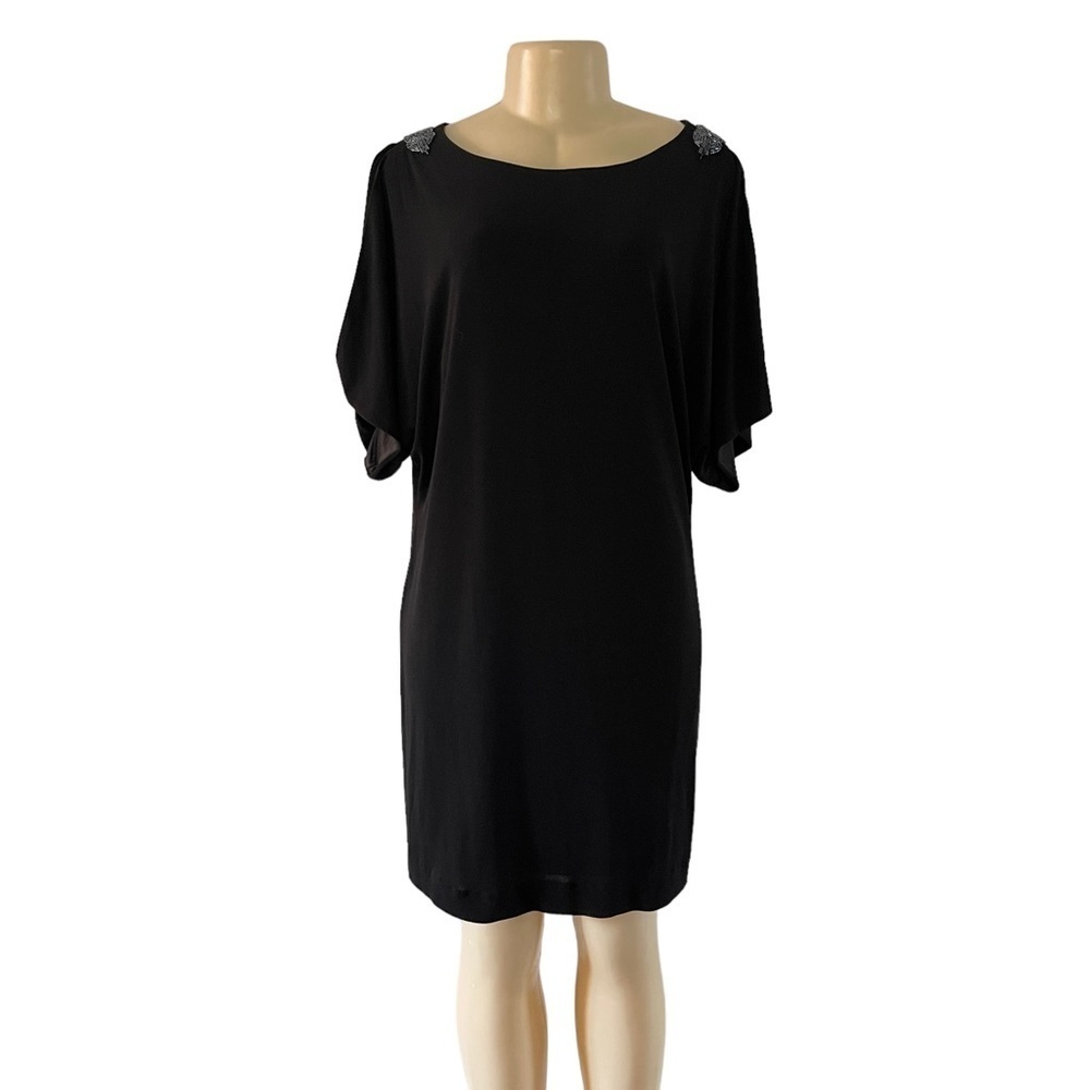 S.L Fashions Black Short Sleeve Beaded Cold Shoulder Sheath Dress Stretch